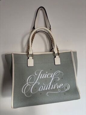 Juicy Couture Sage Canvas Tote with Cream Trim and Chain Handles
